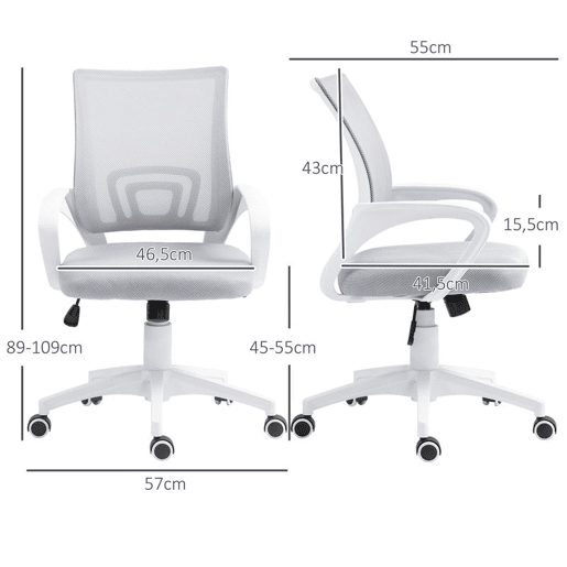 HOMCOM Cadeira de Escritório de Malha Cadeira de Escritório Giratória com Altura Ajustável Função Basculante e Apoio para os Braços Cadeira de Estúdio Carga 120 kg 57x55x89-109 cm Cinza