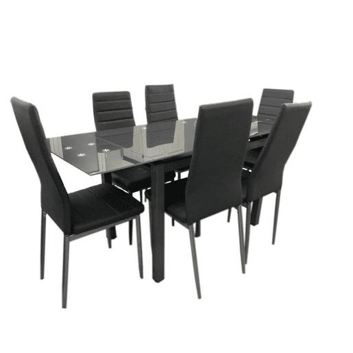 Mesa extensível de vidro + cadeiras de couro sintético