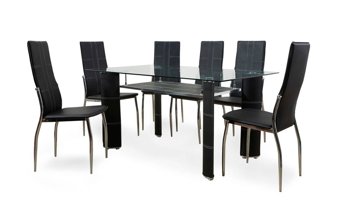 Mesa de cristal templado + 6 sillas en polipiel/metal