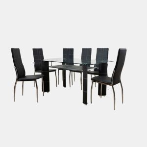 Mesa de vidro temperado + 6 cadeiras de couro sintéticometal