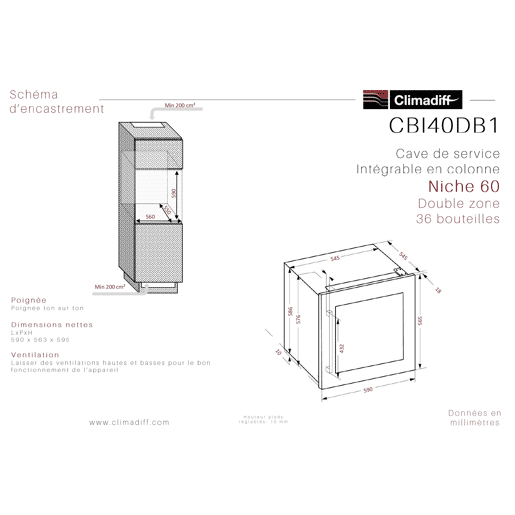 Cave de Vinho Encastre CLIMADIFF CBI40D1B até 36 garrafas com 2 zonas de temperatura