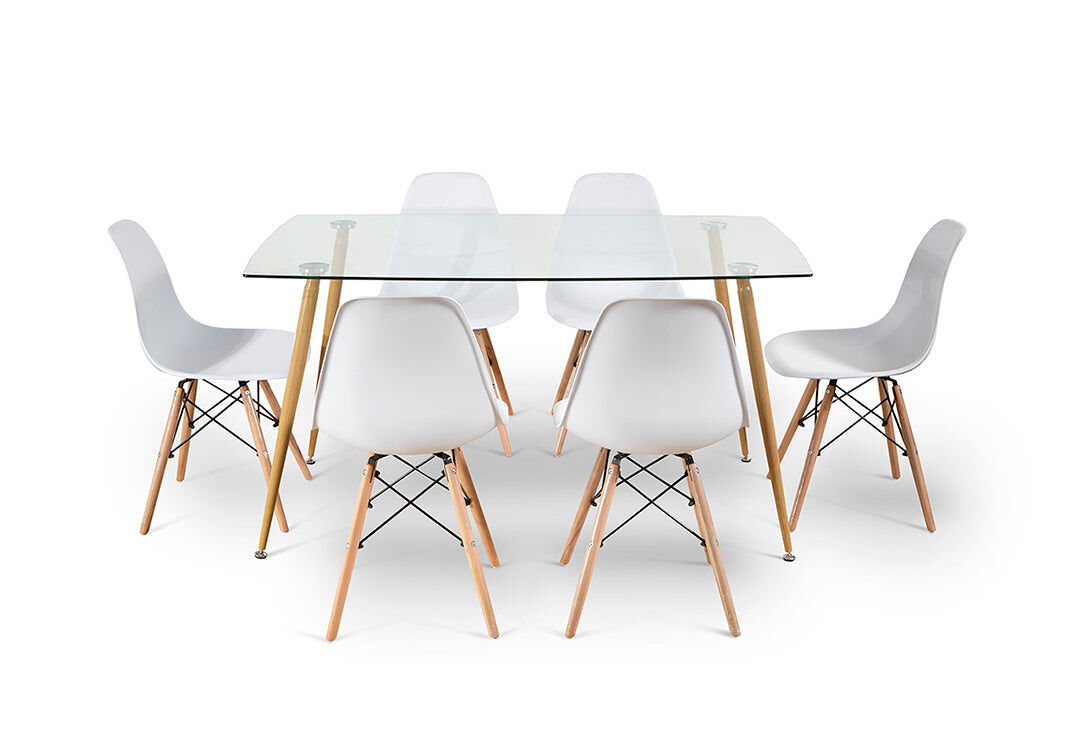 Pack Mesa de Cristal Templado + 6 Sillas Estilo Nordico