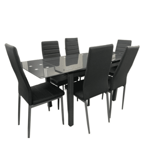 Mesa extensível de vidro + cadeiras de couro sintético Mesa extensível de vidro + cadeiras de couro sintético