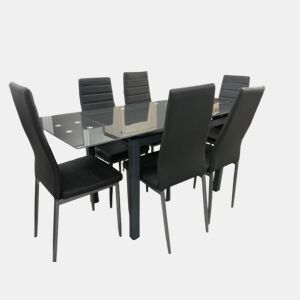 Mesa extensível de vidro + cadeiras de couro sintético