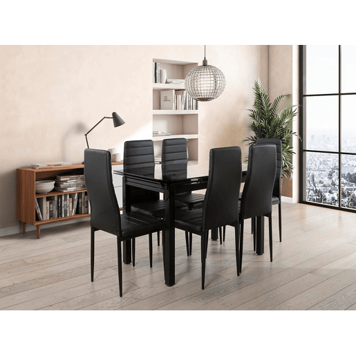 Mesa extensível de vidro + cadeiras de couro sintético Mesa extensível de vidro + cadeiras de couro sintético