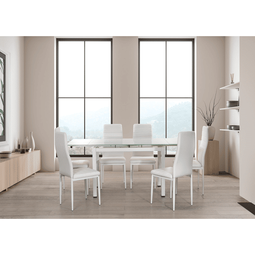 Mesa extensível de vidro + cadeiras de couro sintético Mesa extensível de vidro + cadeiras de couro sintético
