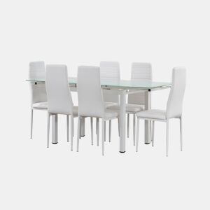 Mesa extensível de vidro + cadeiras de couro sintético