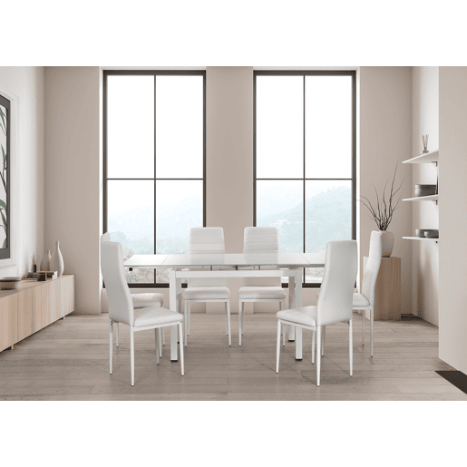Mesa extensível de vidro + cadeiras de couro sintético