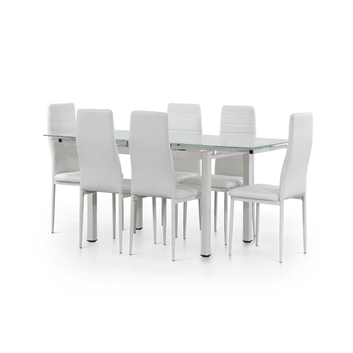 Mesa extensível de vidro + cadeiras de couro sintético