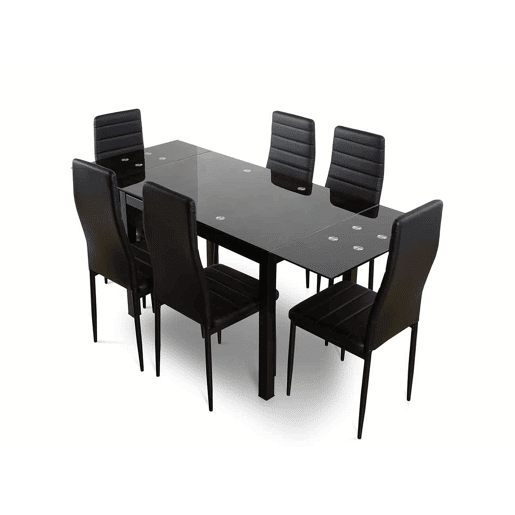 Mesa extensível de vidro + cadeiras de couro sintético Mesa extensível de vidro + cadeiras de couro sintético