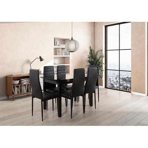 Mesa extensível de vidro + cadeiras de couro sintético Mesa extensível de vidro + cadeiras de couro sintético