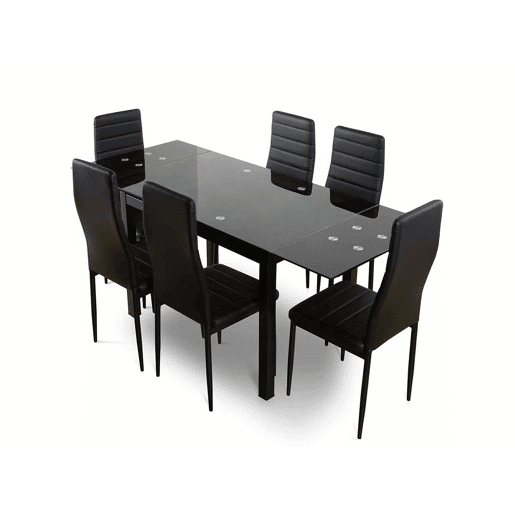 Mesa extensível de vidro + cadeiras de couro sintético Mesa extensível de vidro + cadeiras de couro sintético