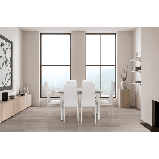 Mesa extensível de vidro + cadeiras de couro sintético Mesa extensível de vidro + cadeiras de couro sintético