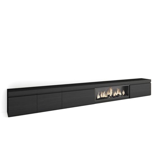 Móvel de TV, Muito espaço de arrumação, 368x35x45cm Lareira eléctrica XXL, Estilo moderno, Preto