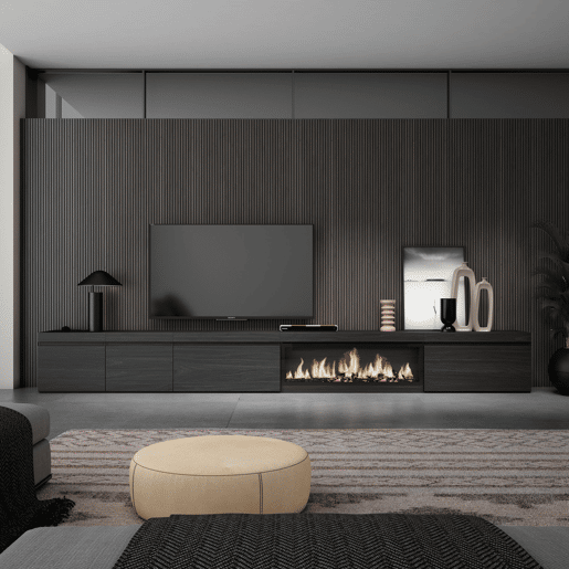 Móvel de TV, Muito espaço de arrumação, 368x35x45cm Lareira eléctrica XXL, Estilo moderno, Preto
