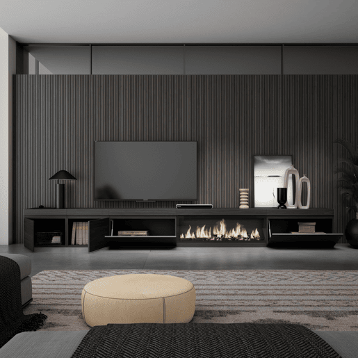Móvel de TV, Muito espaço de arrumação, 368x35x45cm Lareira eléctrica XXL, Estilo moderno, Preto
