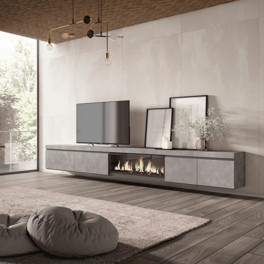 Móvel de TV, Muito espaço de arrumação, 368x35x45cm Lareira eléctrica XXL, Suspensos, Suspensos, Estilo moderno, Cimento Móvel de TV, Muito espaço de arrumação, 368x35x45cm Lareira eléctrica XXL, Suspensos, Suspensos, Estilo moderno, Cimento