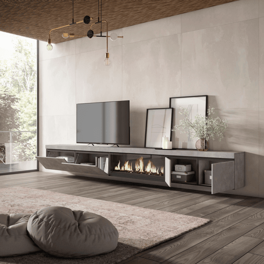 Móvel de TV, Muito espaço de arrumação, 368x35x45cm Lareira eléctrica XXL, Suspensos, Suspensos, Estilo moderno, Cimento Móvel de TV, Muito espaço de arrumação, 368x35x45cm Lareira eléctrica XXL, Suspensos, Suspensos, Estilo moderno, Cimento