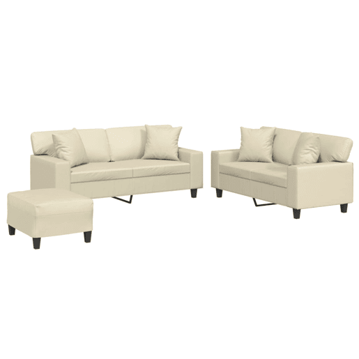 vidaXL 3 pcs conjunto de sofás com almofadas couro artificial creme