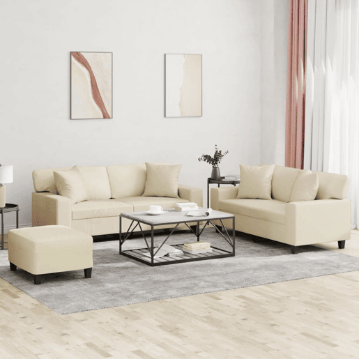 vidaXL 3 pcs conjunto de sofás com almofadas couro artificial creme