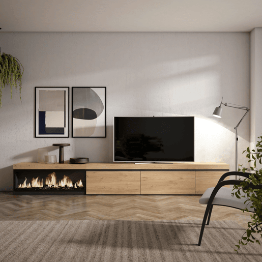 Móvel de TV, Muito espaço de arrumação, 317x35x45cm, Lareira eléctrica XXL, Estilo moderno, Carvalho