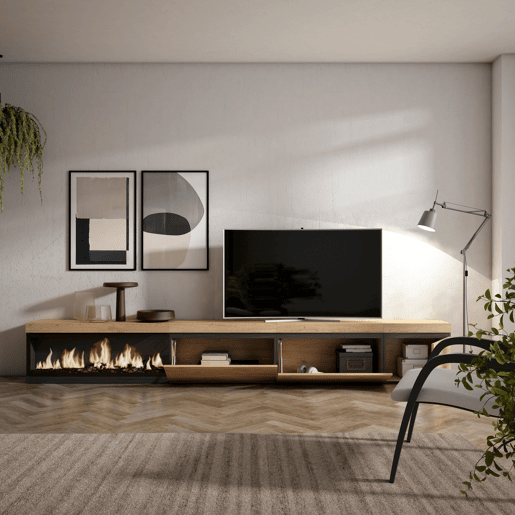 Móvel de TV, Muito espaço de arrumação, 317x35x45cm, Lareira eléctrica XXL, Estilo moderno, Carvalho