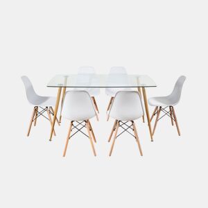 Pacote de mesa de vidro temperado + 6 cadeiras estilo nórdico