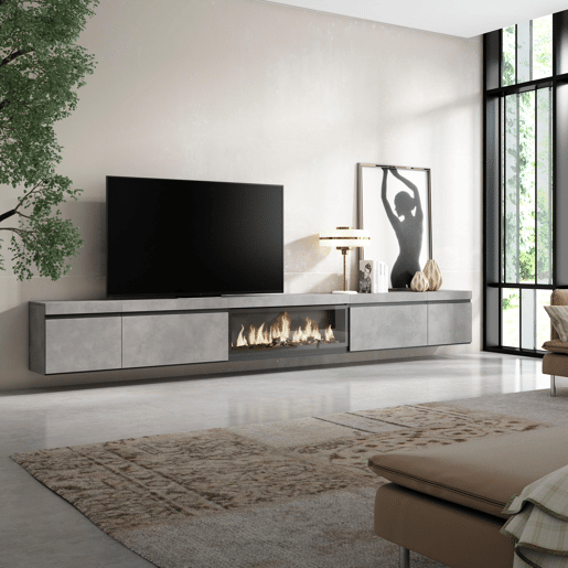 Móvel de TV, Muito espaço de arrumação, 368x35x45cm Lareira eléctrica XXL, Suspensos, Suspensos, Estilo moderno, Cimento