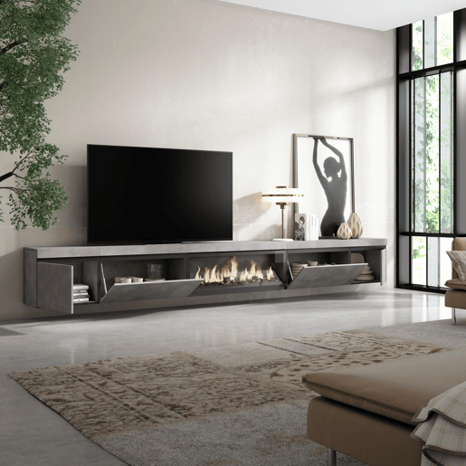 Móvel de TV, Muito espaço de arrumação, 368x35x45cm Lareira eléctrica XXL, Suspensos, Suspensos, Estilo moderno, Cimento