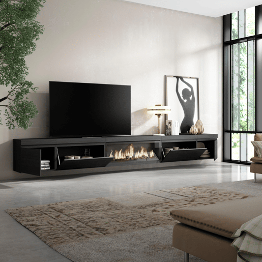 Móvel de TV, Muito espaço de arrumação, 368x35x45cm Lareira eléctrica XXL, Suspensos, Suspensos, Estilo moderno, Preto Móvel de TV, Muito espaço de arrumação, 368x35x45cm Lareira eléctrica XXL, Suspensos, Suspensos, Estilo moderno, Preto