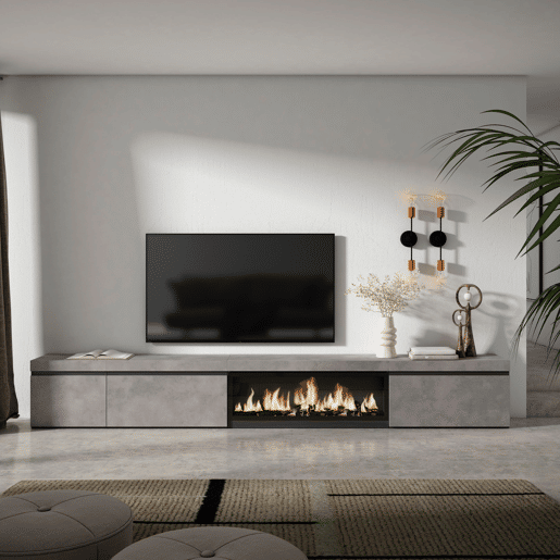 Móvel de TV, Muito espaço de arrumação, 317x35x45cm, Lareira eléctrica XXL, Estilo moderno, Cimento