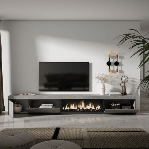 Móvel de TV, Muito espaço de arrumação, 317x35x45cm, Lareira eléctrica XXL, Estilo moderno, Cimento