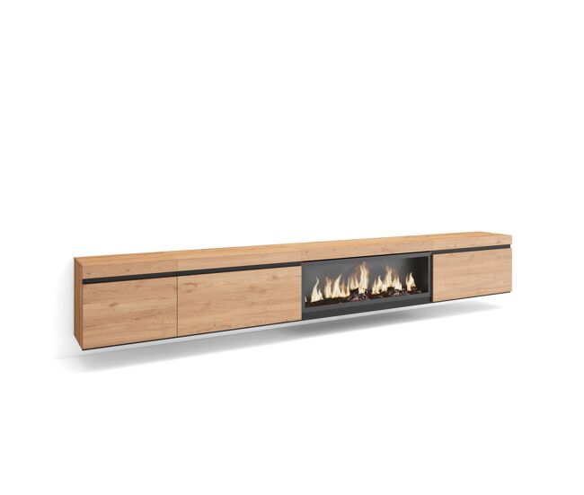 Mueble tv, televisión, muebles de salón, almacenaje, 317x35x45cm, chimenea eléctrica xxl, colgado, suspendido, estilo moderno, roble