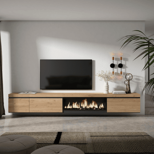 Móvel de TV, Muito espaço de arrumação, 317x35x45cm, Lareira eléctrica XXL, Suspensos, Estilo moderno, Carvalho