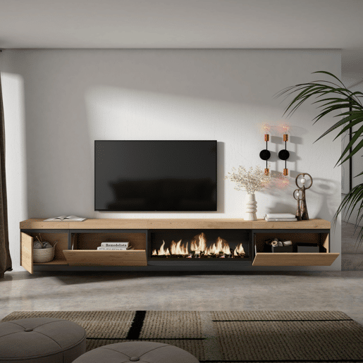 Móvel de TV, Muito espaço de arrumação, 317x35x45cm, Lareira eléctrica XXL, Suspensos, Estilo moderno, Carvalho