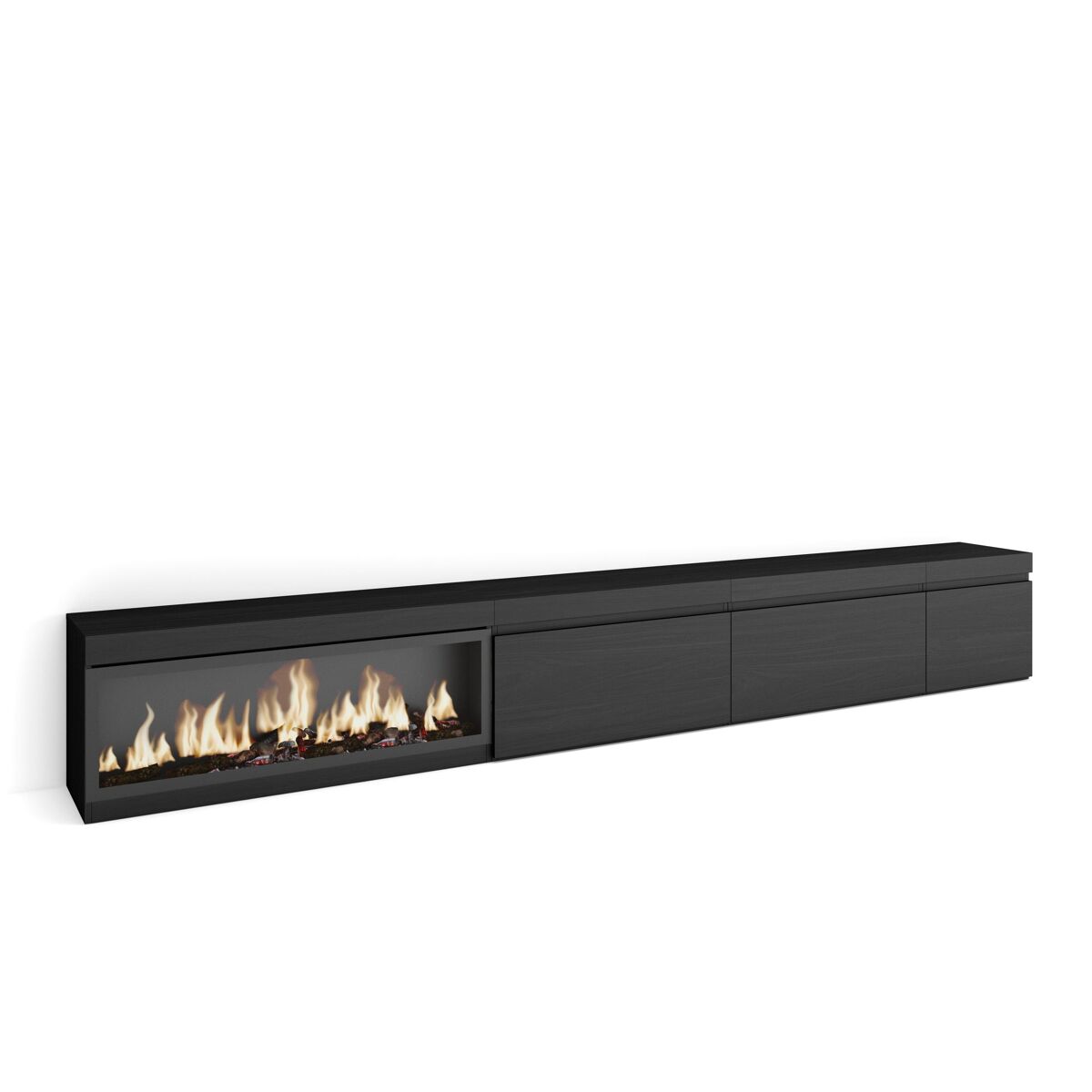 Mueble tv, televisión, muebles de salón, almacenaje, 317x35x45cm, chimenea eléctrica xxl, estilo moderno, negro