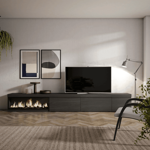 Móvel de TV, Muito espaço de arrumação, 317x35x45cm, Lareira eléctrica XXL, Estilo moderno, Preto