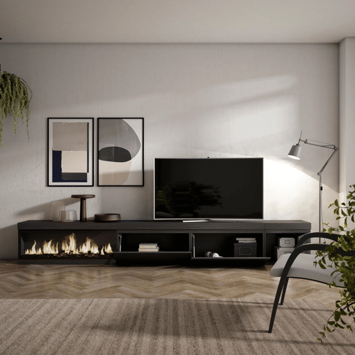 Móvel de TV, Muito espaço de arrumação, 317x35x45cm, Lareira eléctrica XXL, Estilo moderno, Preto