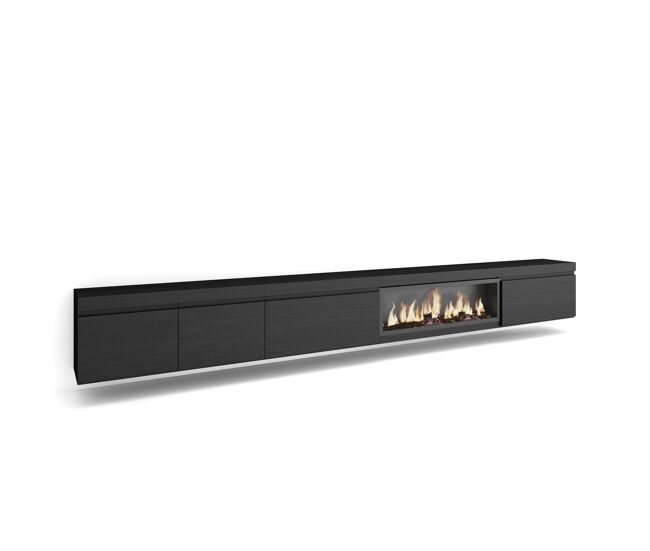 Mueble tv, televisión, muebles de salón, almacenaje, 368x35x45cm, chimenea eléctrica xxl, colgado, suspendido, estilo moderno, negro
