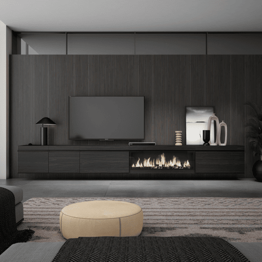 Móvel de TV, Muito espaço de arrumação, 368x35x45cm Lareira eléctrica XXL, Suspensos, Suspensos, Estilo moderno, Preto