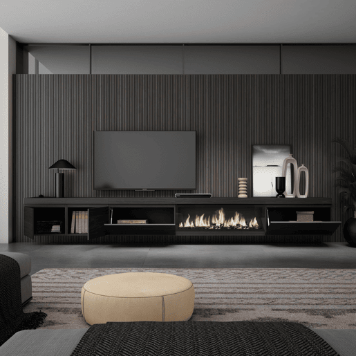 Móvel de TV, Muito espaço de arrumação, 368x35x45cm Lareira eléctrica XXL, Suspensos, Suspensos, Estilo moderno, Preto