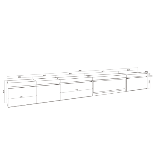 Móvel de TV, Muito espaço de arrumação, 368x35x45cm Lareira eléctrica XXL, Suspensos, Suspensos, Estilo moderno, Preto