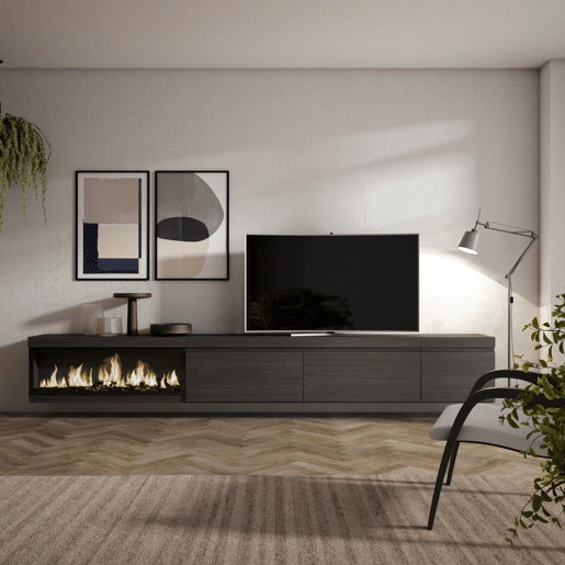 Móvel de TV, Muito espaço de arrumação, 317x35x45cm, Lareira eléctrica XXL, Suspensos, Estilo moderno, Preto Móvel de TV, Muito espaço de arrumação, 317x35x45cm, Lareira eléctrica XXL, Suspensos, Estilo moderno, Preto