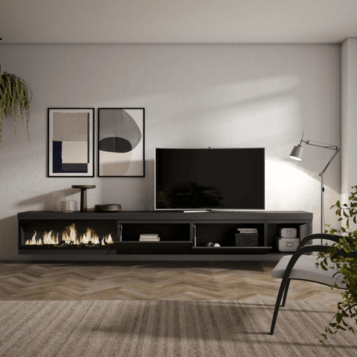 Móvel de TV, Muito espaço de arrumação, 317x35x45cm, Lareira eléctrica XXL, Suspensos, Estilo moderno, Preto Móvel de TV, Muito espaço de arrumação, 317x35x45cm, Lareira eléctrica XXL, Suspensos, Estilo moderno, Preto