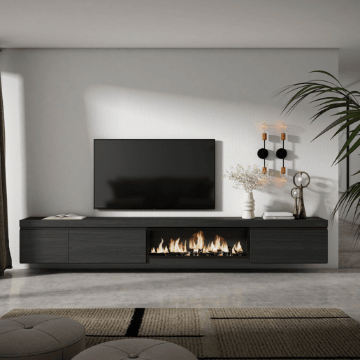 Móvel de TV, Muito espaço de arrumação, 317x35x45cm, Lareira eléctrica XXL, Suspensos, Estilo moderno, Preto