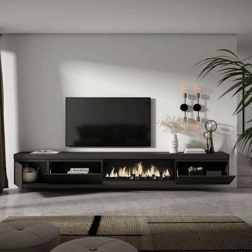 Móvel de TV, Muito espaço de arrumação, 317x35x45cm, Lareira eléctrica XXL, Suspensos, Estilo moderno, Preto