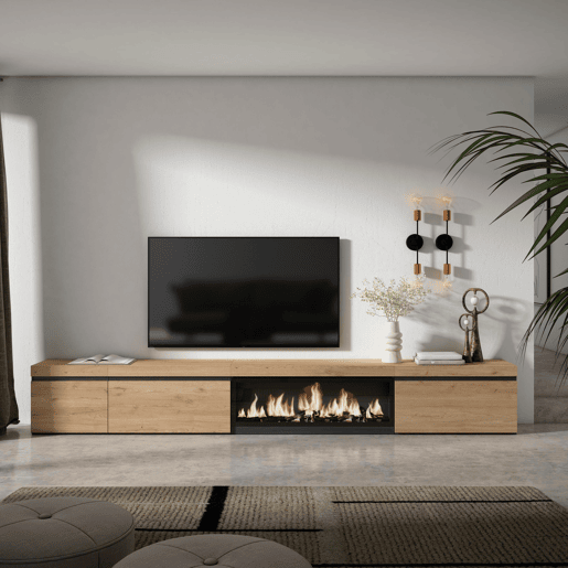 Móvel de TV, Muito espaço de arrumação, 317x35x45cm, Lareira eléctrica XXL, Estilo moderno, Carvalho Móvel de TV, Muito espaço de arrumação, 317x35x45cm, Lareira eléctrica XXL, Estilo moderno, Carvalho