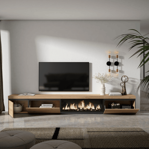Móvel de TV, Muito espaço de arrumação, 317x35x45cm, Lareira eléctrica XXL, Estilo moderno, Carvalho Móvel de TV, Muito espaço de arrumação, 317x35x45cm, Lareira eléctrica XXL, Estilo moderno, Carvalho