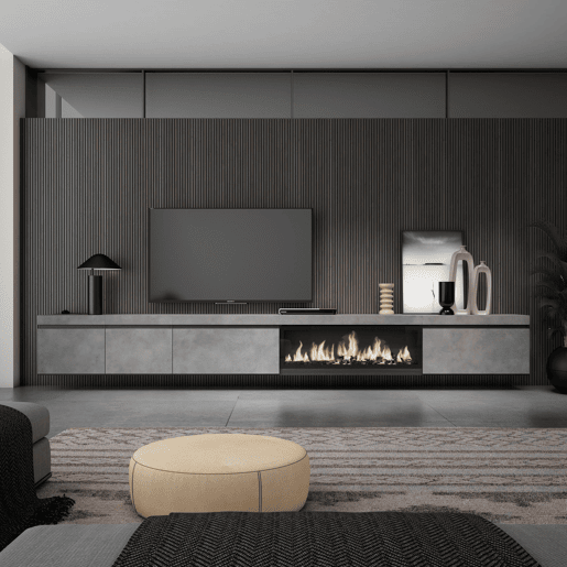 Móvel de TV, Muito espaço de arrumação, 368x35x45cm Lareira eléctrica XXL, Suspensos, Suspensos, Estilo moderno, Cimento