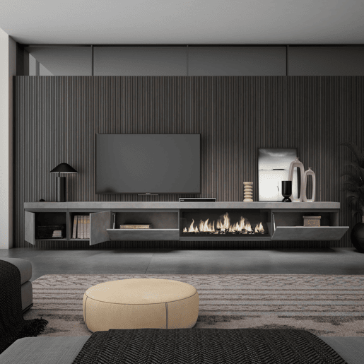 Móvel de TV, Muito espaço de arrumação, 368x35x45cm Lareira eléctrica XXL, Suspensos, Suspensos, Estilo moderno, Cimento